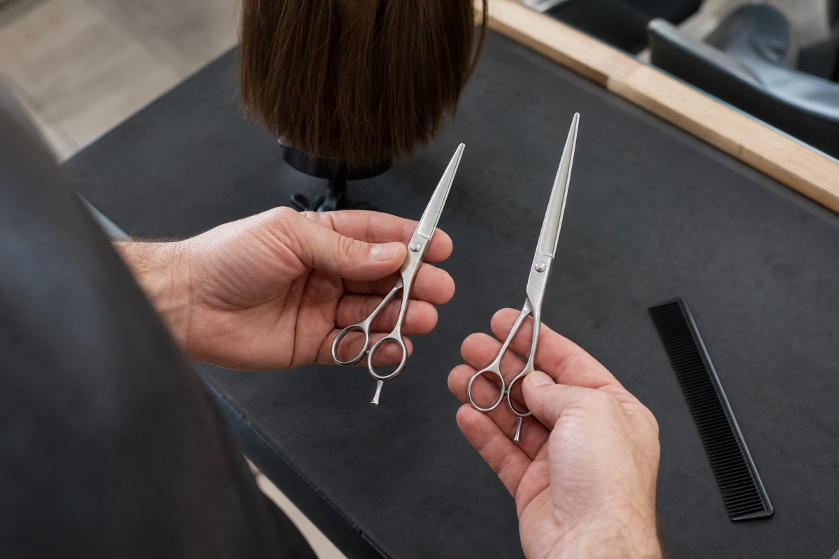 Generated editorial photograph: natural hands compare two separate closed cutting shears with visibly shorter and longer blade proportions beside a black comb at a salon training bench.