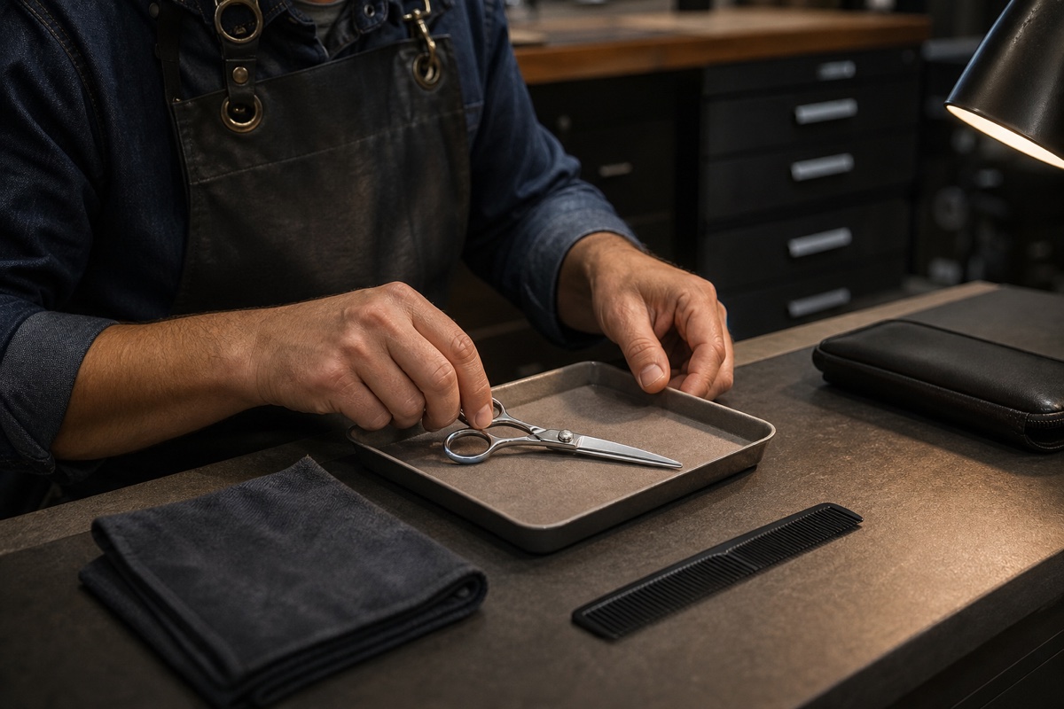 Generated editorial photograph: a technician begins a careful visual service assessment of one closed cutting shear in a neutral tray beside a cloth, comb, and unmarked padded case.