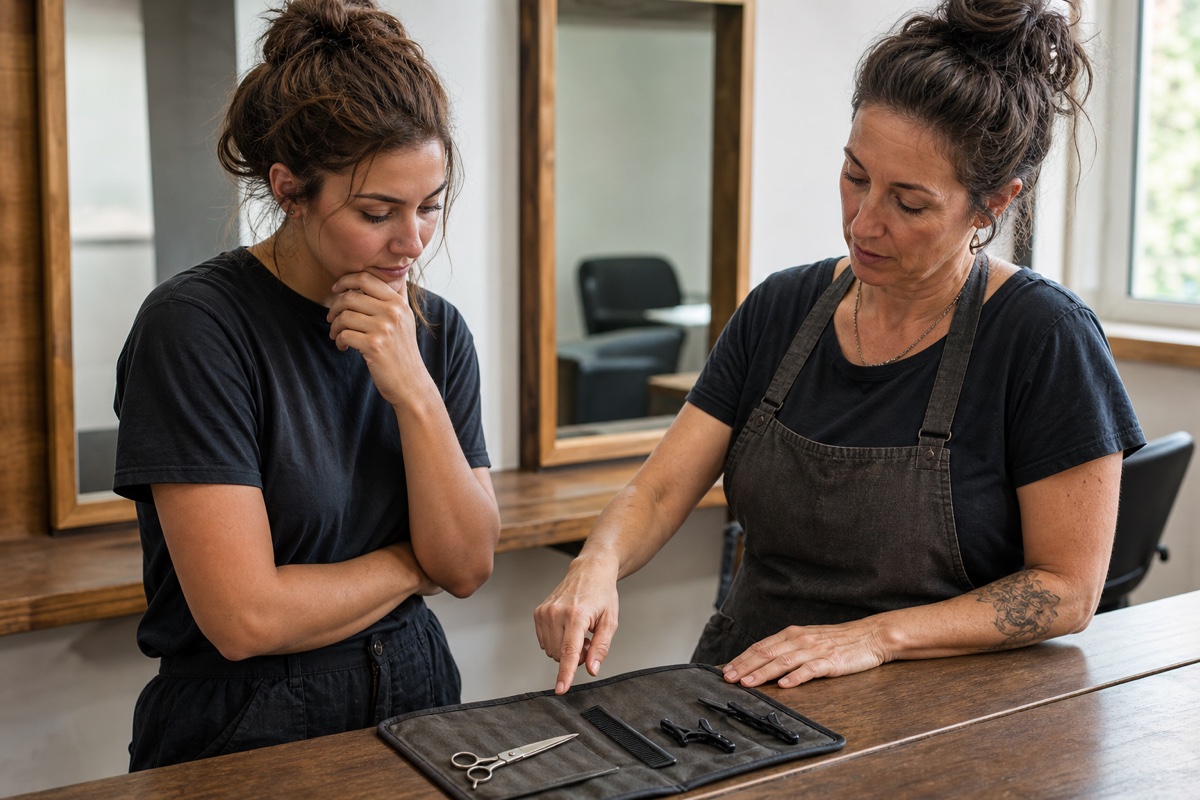 Genereret redaktionelt fotografi: en mentor og en voksen nybegynder anmelder et beskedent hårværktøjssæt i en salon.
