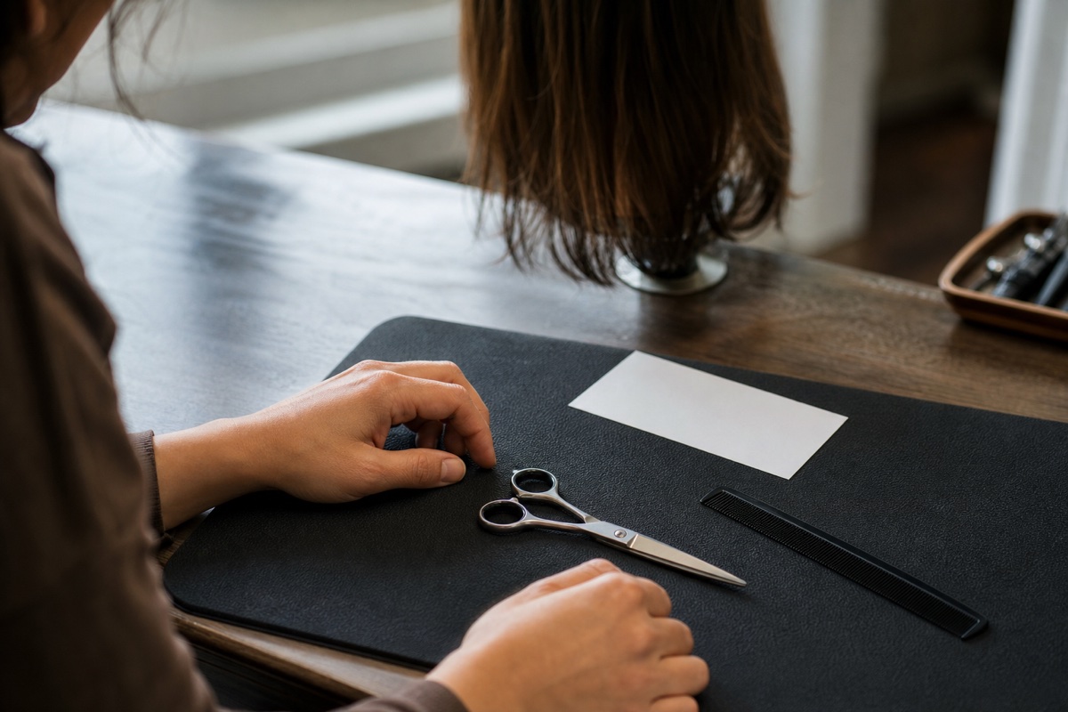 Generated editorial photograph: an adult trainee prepares at a charcoal training mat with one unbranded closed cutting shear and black comb; a training head is softly out of focus in the background.
