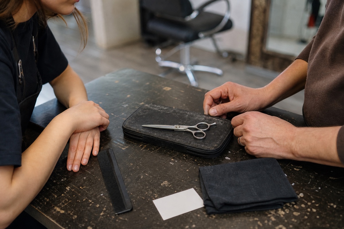 Generated editorial photograph: a mentor and student review one closed cutting shear in a lightly scuffed protective case beside a black comb, cloth, and blank condition card.