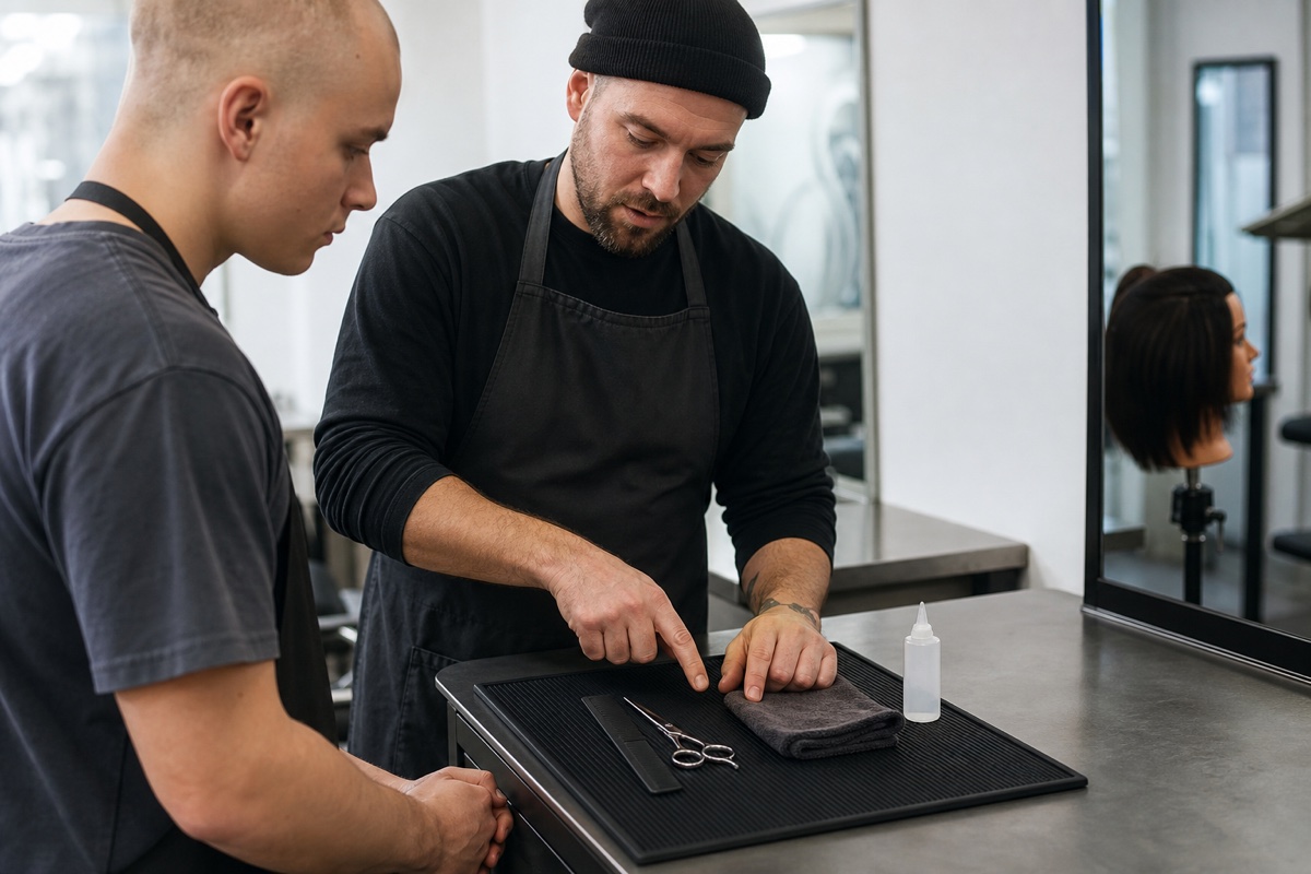 Generert redaksjonelt fotografi: en mentor demonstrerer et enkelt klutbasert hårstelloppsett til en styliststudent ved siden av en lukket klippesaks, en svart kam og en umerket oljeflaske på en treningsmatte.