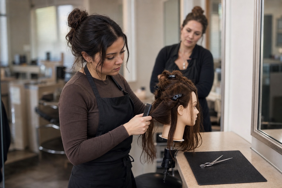 Generated editorial photograph: an adult student stylist practices hair sectioning at a mannequin with a mentor nearby.