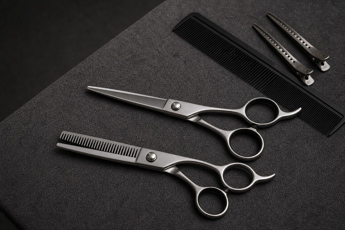 A cutting shear and a toothed thinning shear lie side by side on a dark salon mat.