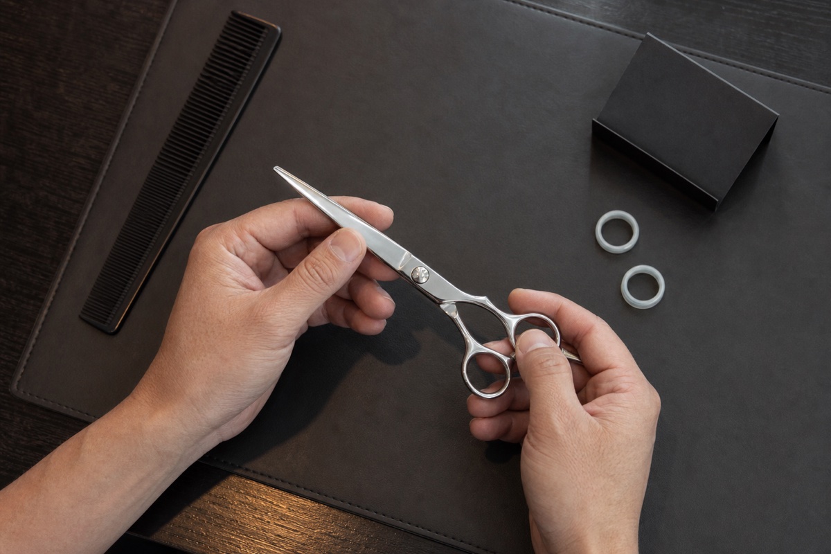 Generated editorial photograph: natural adult hands hold one unbranded cutting shear at a charcoal salon fitting mat beside a black comb and two neutral ring inserts.