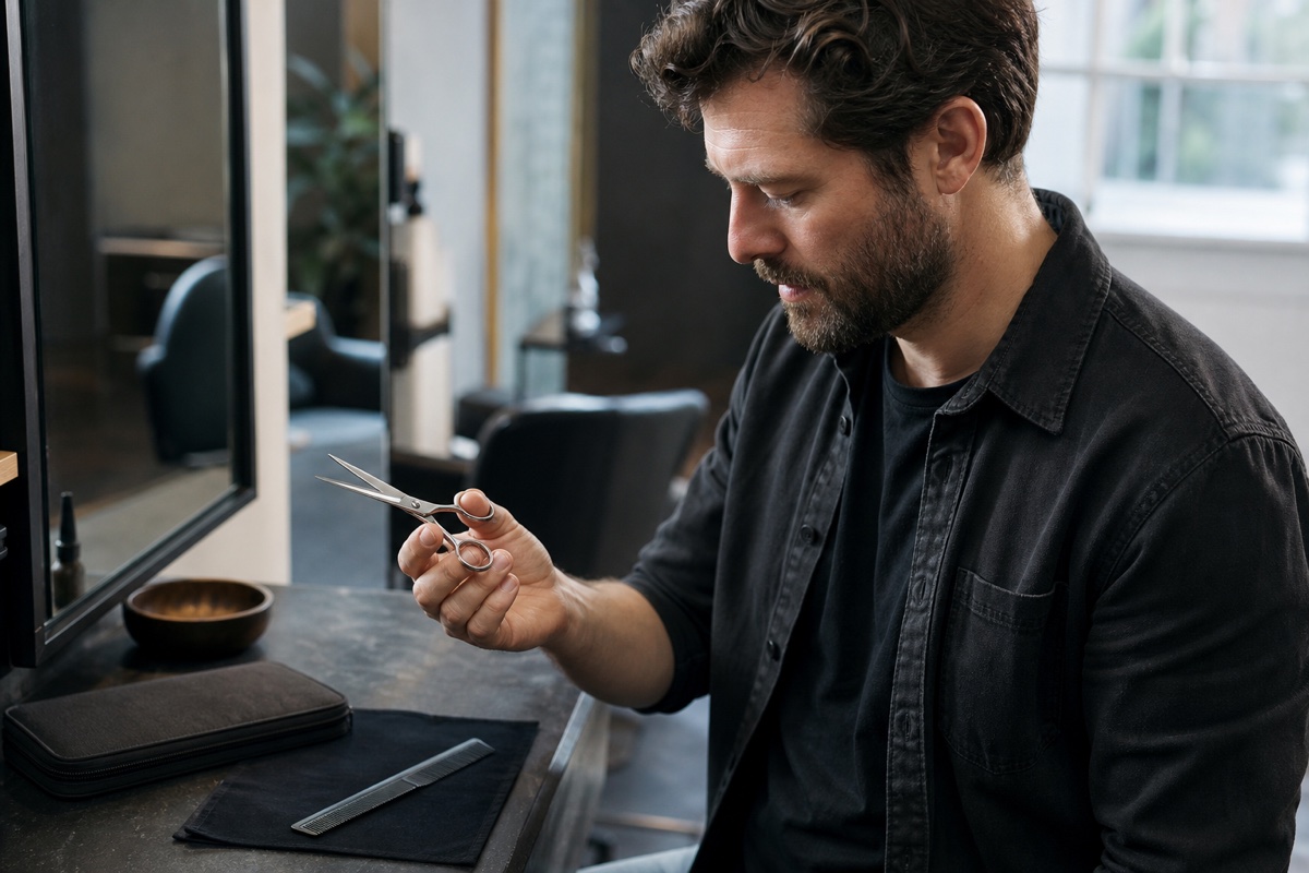Generated editorial photograph: a stylist considers the relaxed grip and balance of a closed shear at a salon station.