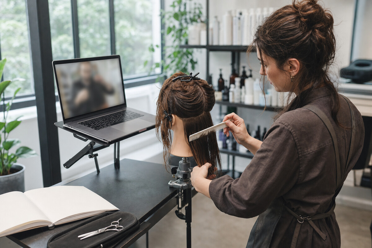 Generert redaksjonelt fotografi: en voksen stylist observerer en hårseksjon på en utstillingsdukke ved siden av en bevisst uskarp skjerm for fjernundervisning, en tom arbeidsbok og en lukket, umerket saks i en polstret vugge.