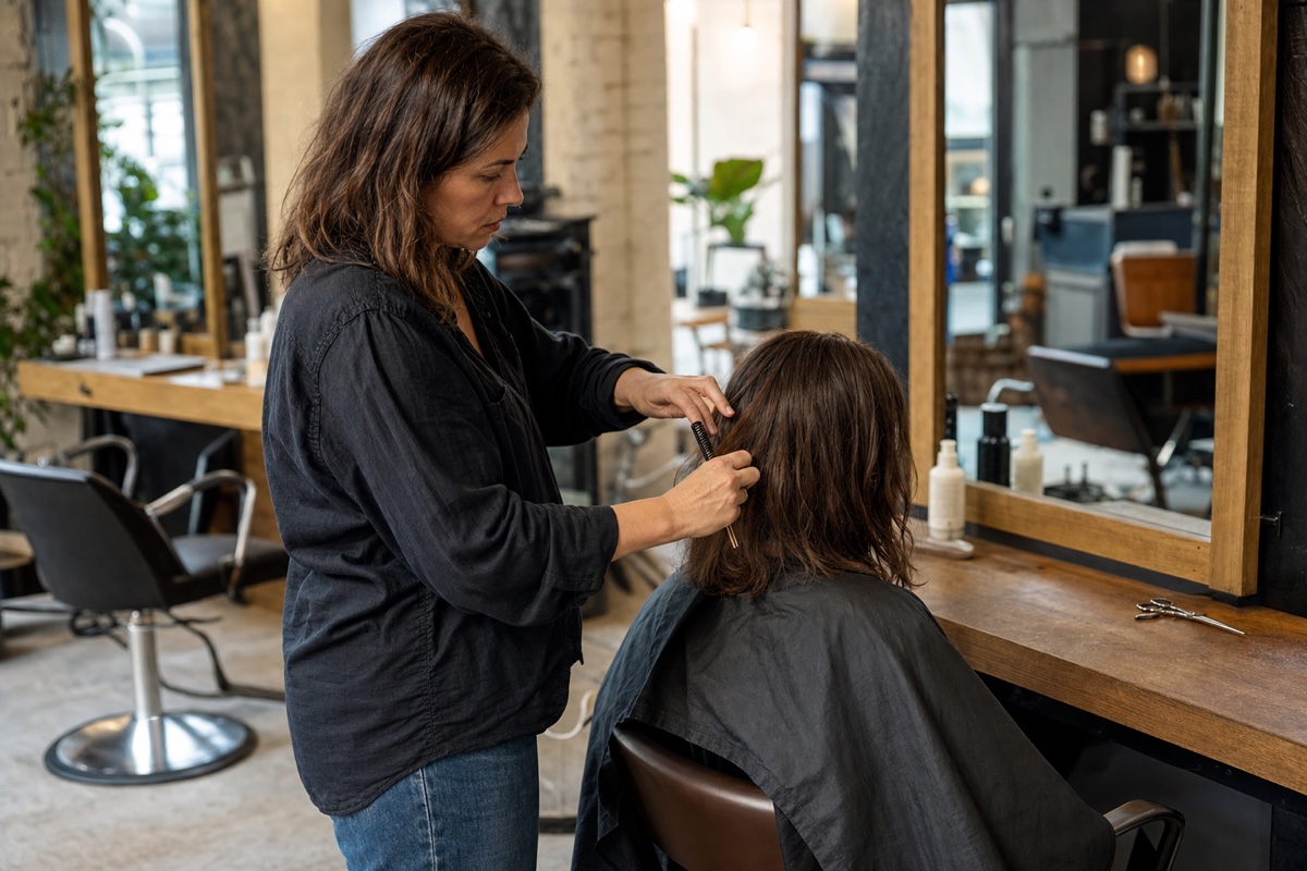Generated editorial photograph: a working stylist prepares a simple hair section for an adult client in a salon.