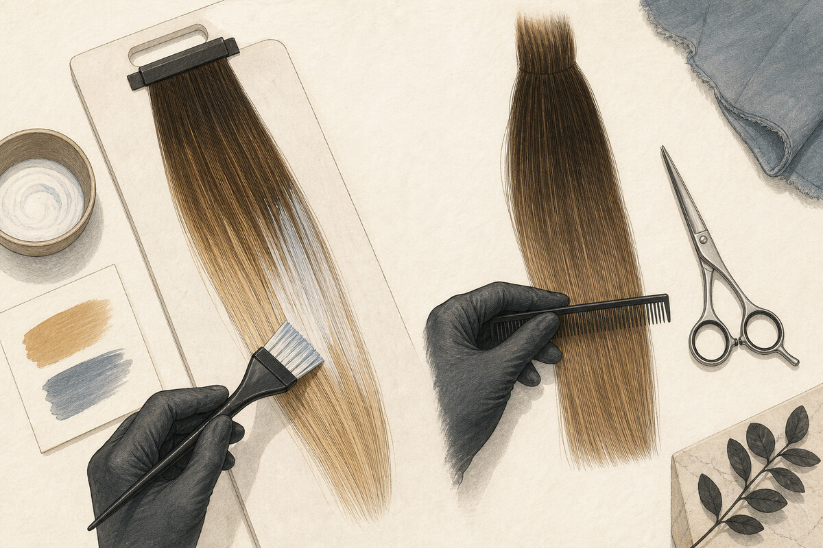 Generated editorial illustration: a colour brush works on one hair swatch while a separate hair section, comb, and resting closed cutting shear occupy a second vignette.