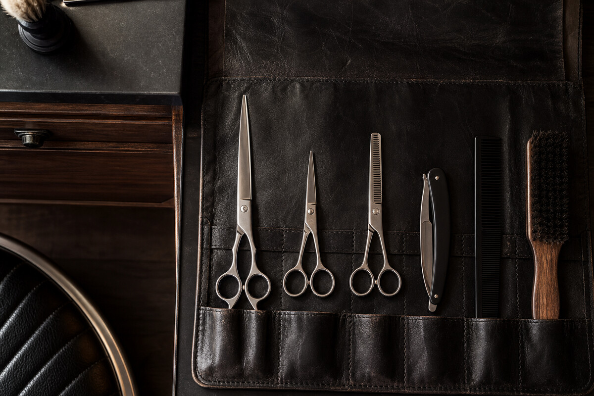 Generated editorial photograph: barber-shear task lineup separates control, reach, and toothed-tool comparison contexts.
