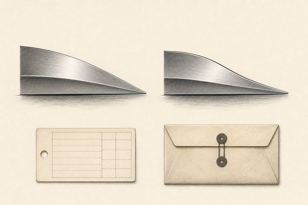 Generated editorial illustration: two curved unbranded blade-edge profiles sit at matching scale above a blank model card and closed service envelope.