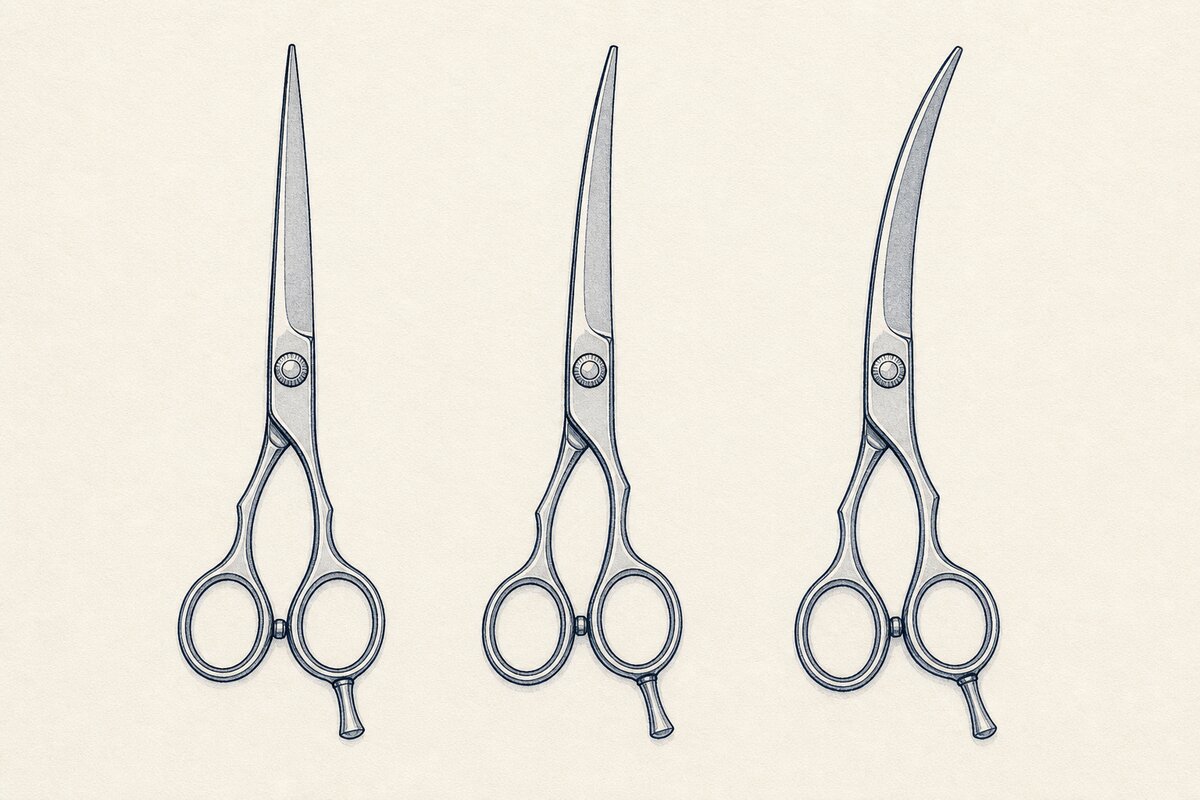 Generated editorial illustration: three unbranded cutting shears at matched scale present a nearly straight, subtly curved, and more curved visible outer blade line on warm ivory paper.