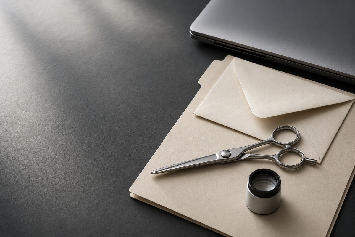 Generated editorial photograph: Japanese-brand source check connects an exact shear and market to maker, model, origin, seller, and service evidence.