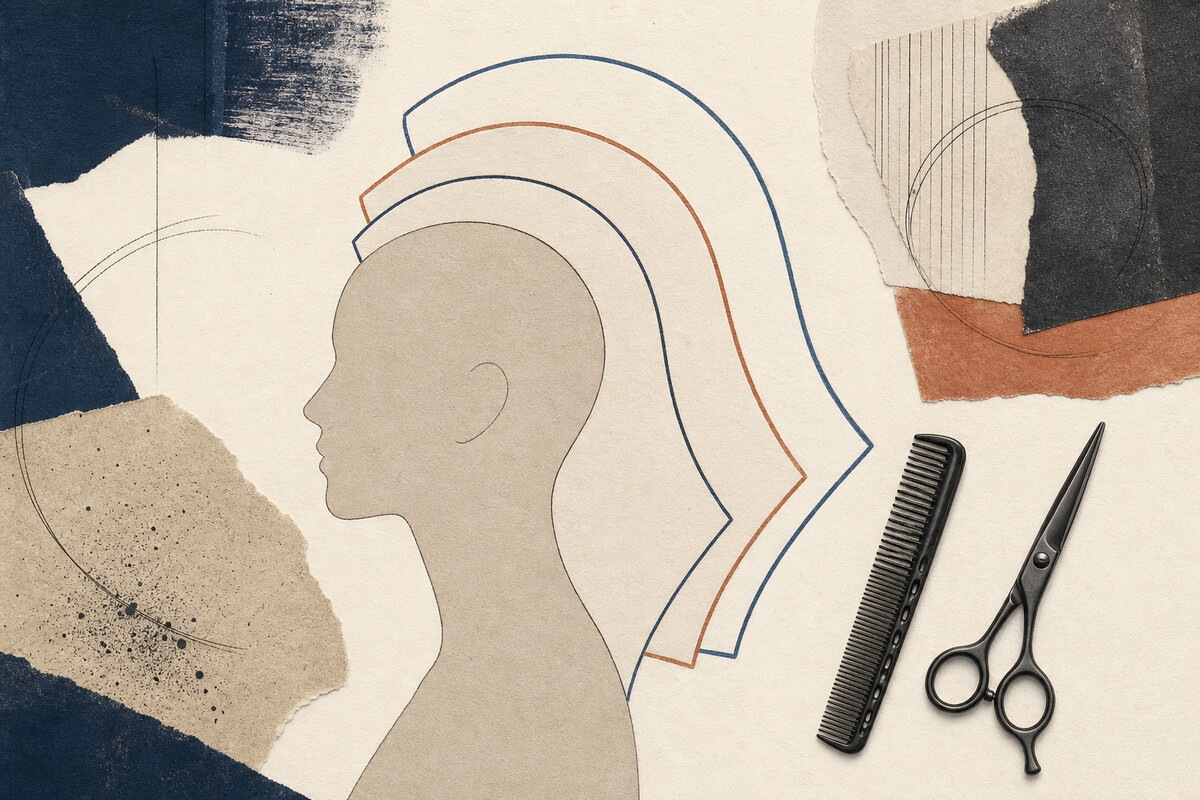Generated editorial illustration: an anonymous profile silhouette is framed by three unlabelled hair-shape contours beside a closed unbranded shear and comb.