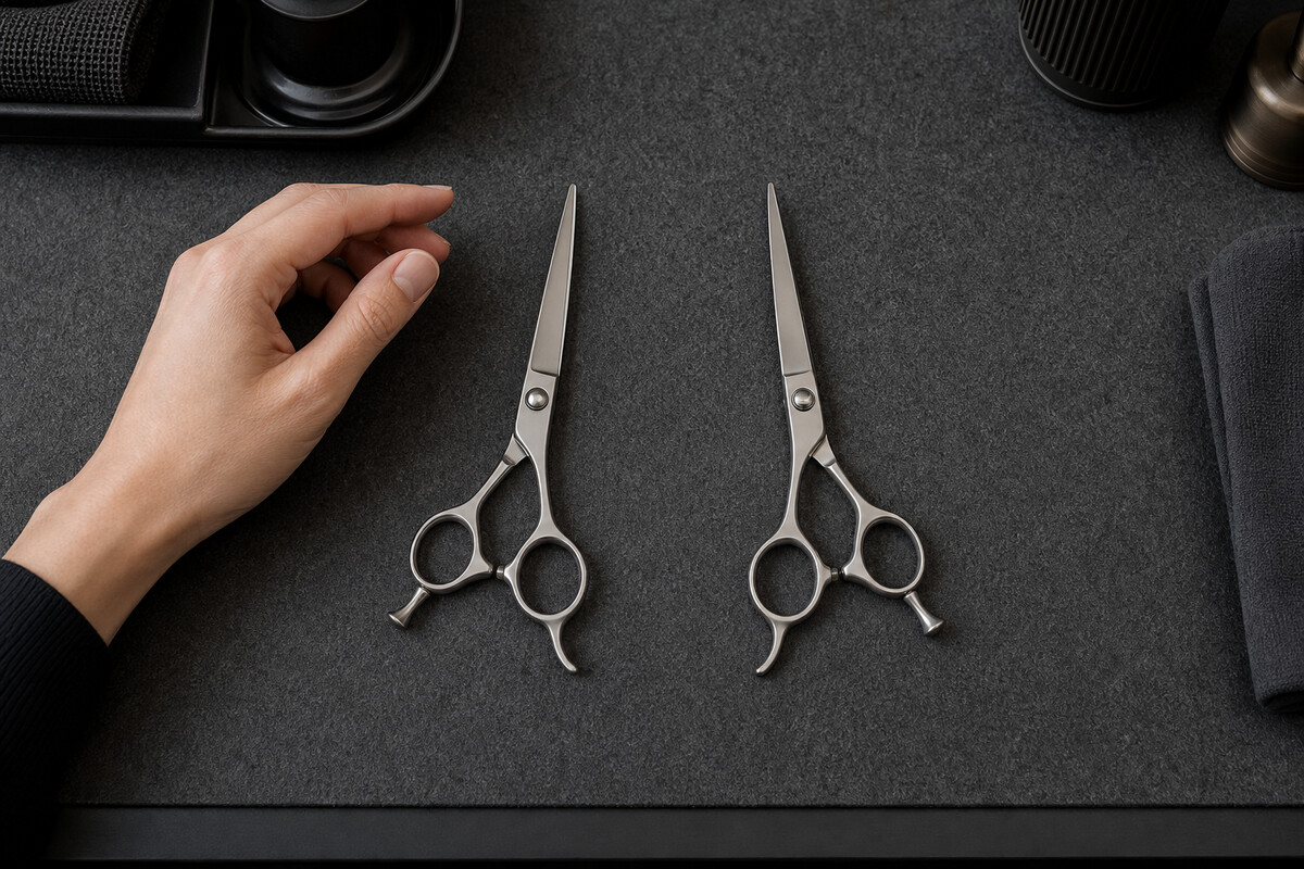 Generated editorial photograph: true-left shear shortlist compares three options by handed construction, fit trial, and service route.