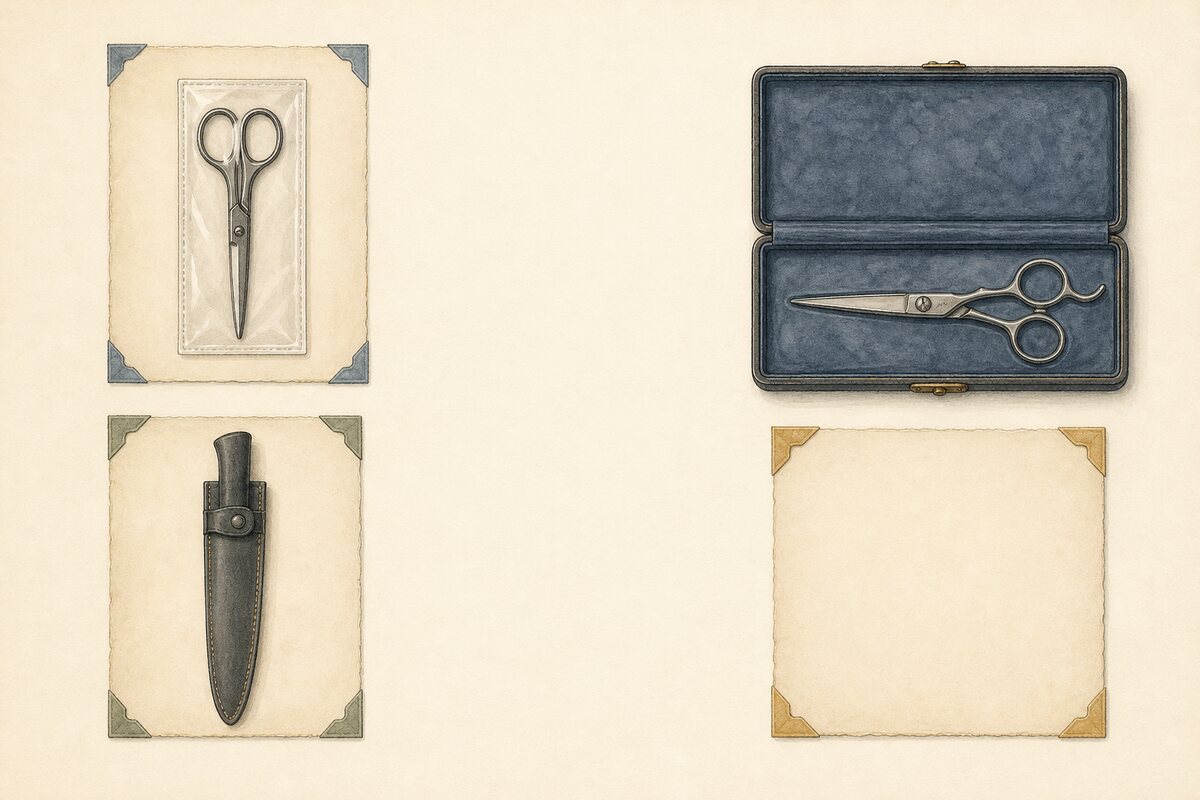 Generated editorial illustration: protected scissor and sheathed-knife source records are separated from a closed professional hair shear and its blank exact-model dossier.