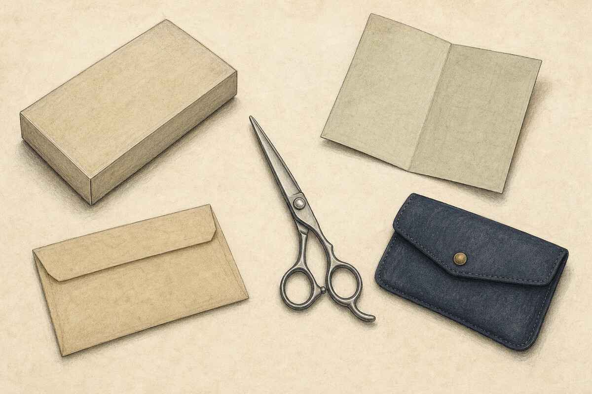 Generated editorial illustration: a closed unbranded cutting shear sits separately from a plain carton, maker-style folded sheet, seller envelope, and service pouch.