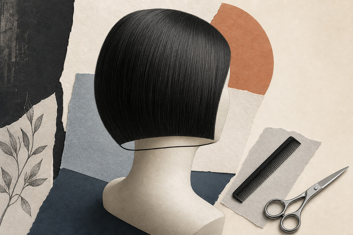 Generated editorial illustration: an anonymous rear three-quarter practice head has one unlabelled lower silhouette band beside a black comb and a closed unbranded shear.