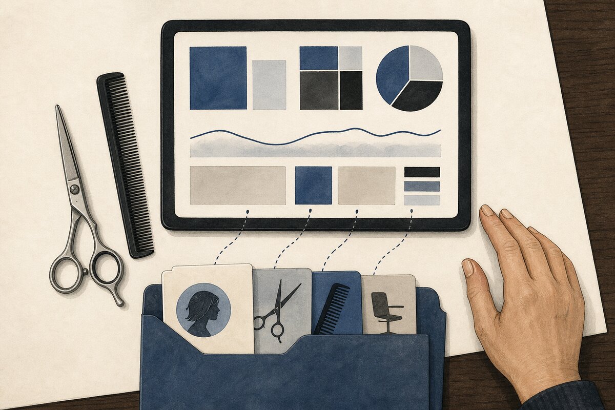 Generated editorial illustration: an unbranded cutting shear and comb sit beside a text-free dashboard panel, an open source folder, and neutral cards.