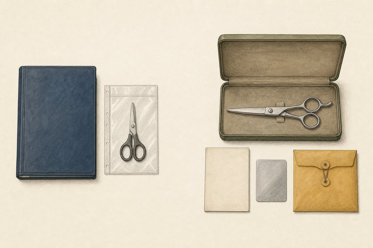 Generated editorial illustration: a legal folio and protected generic scissors silhouette are separated from a closed professional shear, blank model dossier, material coupon, and service envelope.