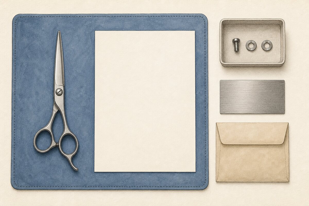 Generated editorial illustration: a closed salon shear and blank exact-model sheet sit on an inspection mat beside isolated pivot parts, a finish coupon, and sealed service envelope.
