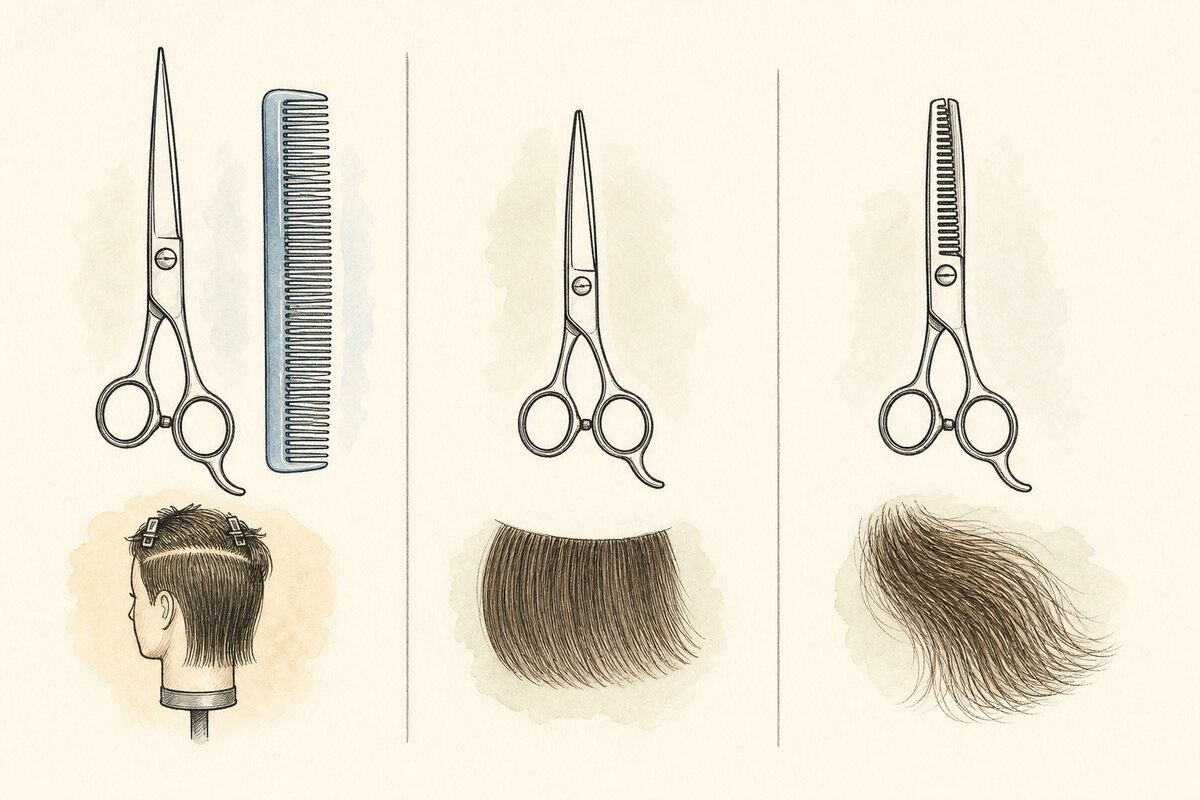 Illustrated barber task record showing a long shear and comb, compact detail shear, texture shear, and separate practice sections.