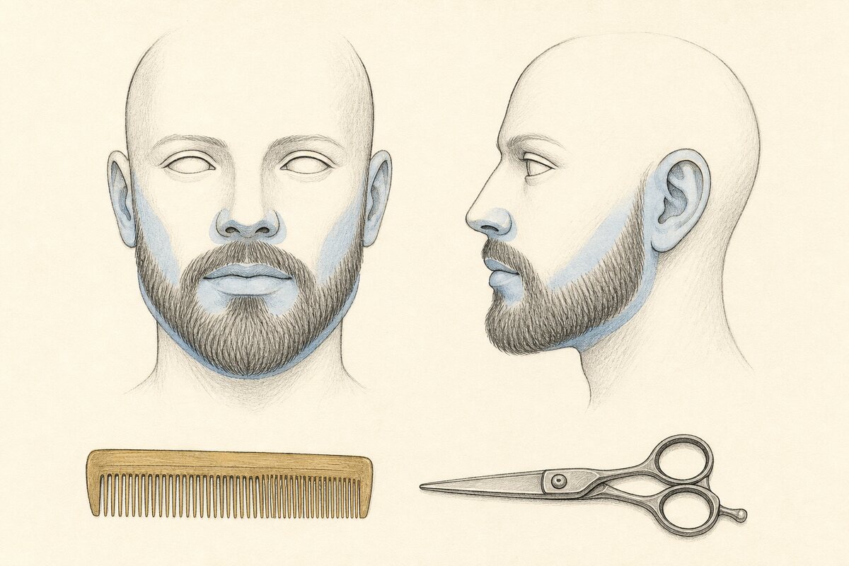 Hand-drawn front and profile beard mannequin views with pale blue observation areas around lips, nostrils, cheek skin, jaw contour, and ears, while a comb and closed compact shear remain below.