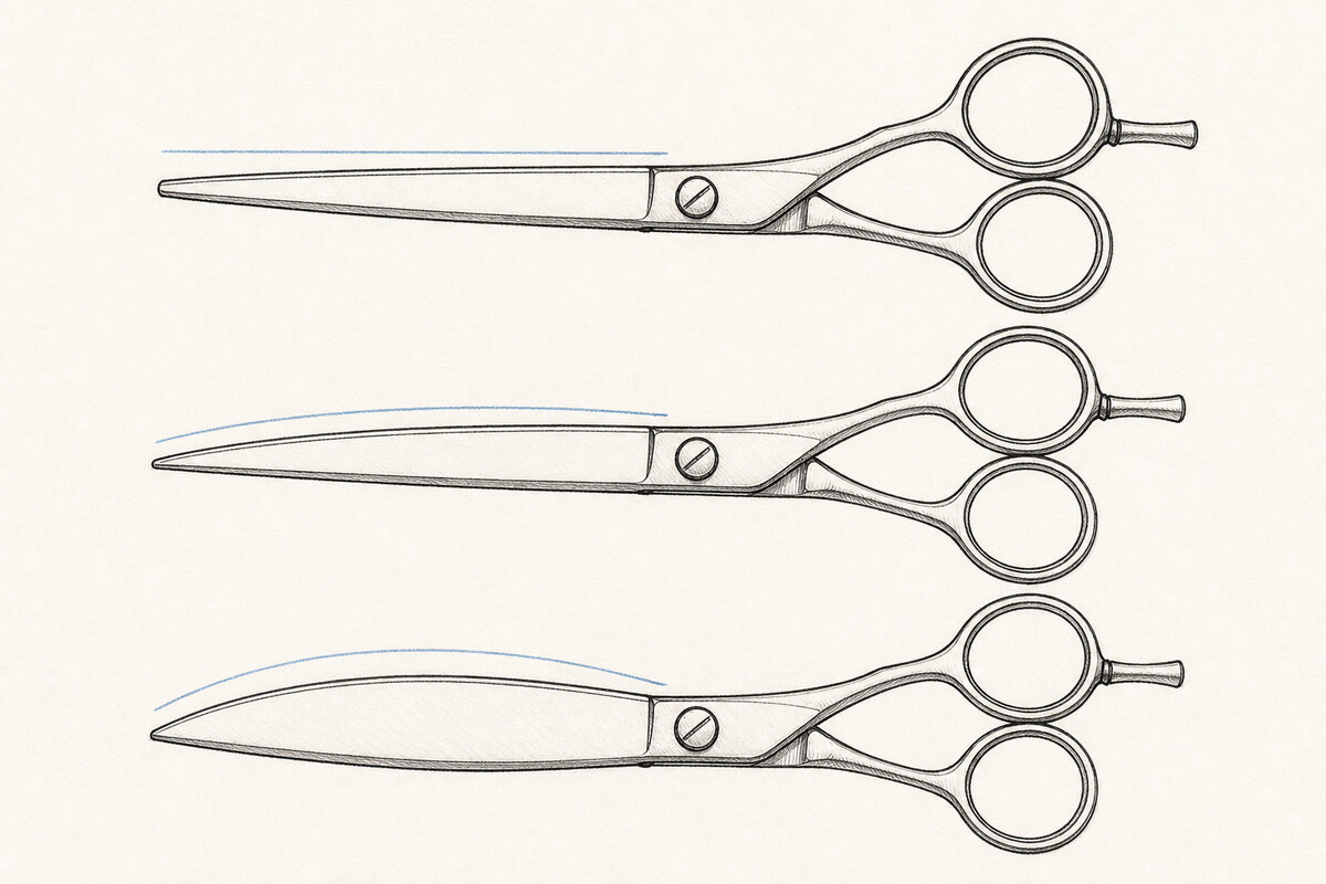 Hand-drawn editorial plate of three generic closed cutting shears at equal scale, comparing nearly straight, gently curved, and more pronounced visible outer blade-line contours.