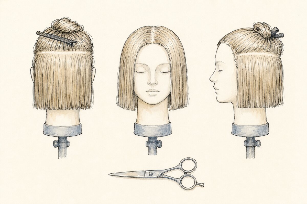 Hand-drawn editorial plate showing one blunt practice-head perimeter from supported back, released front, and profile observation views, with a closed shear below.