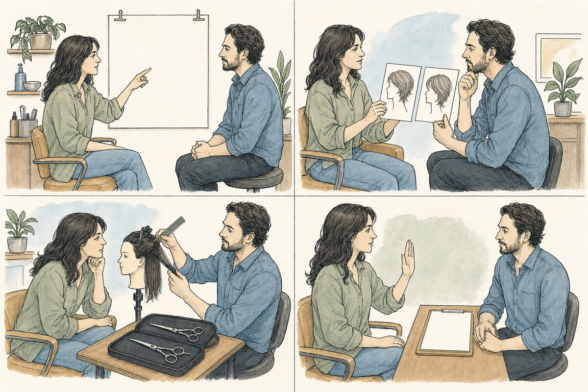 Four-panel hand-drawn consultation plate showing a client-led goal discussion, reference-image review, mannequin-based method explanation with closed shears, and a pause cue beside a blank record.