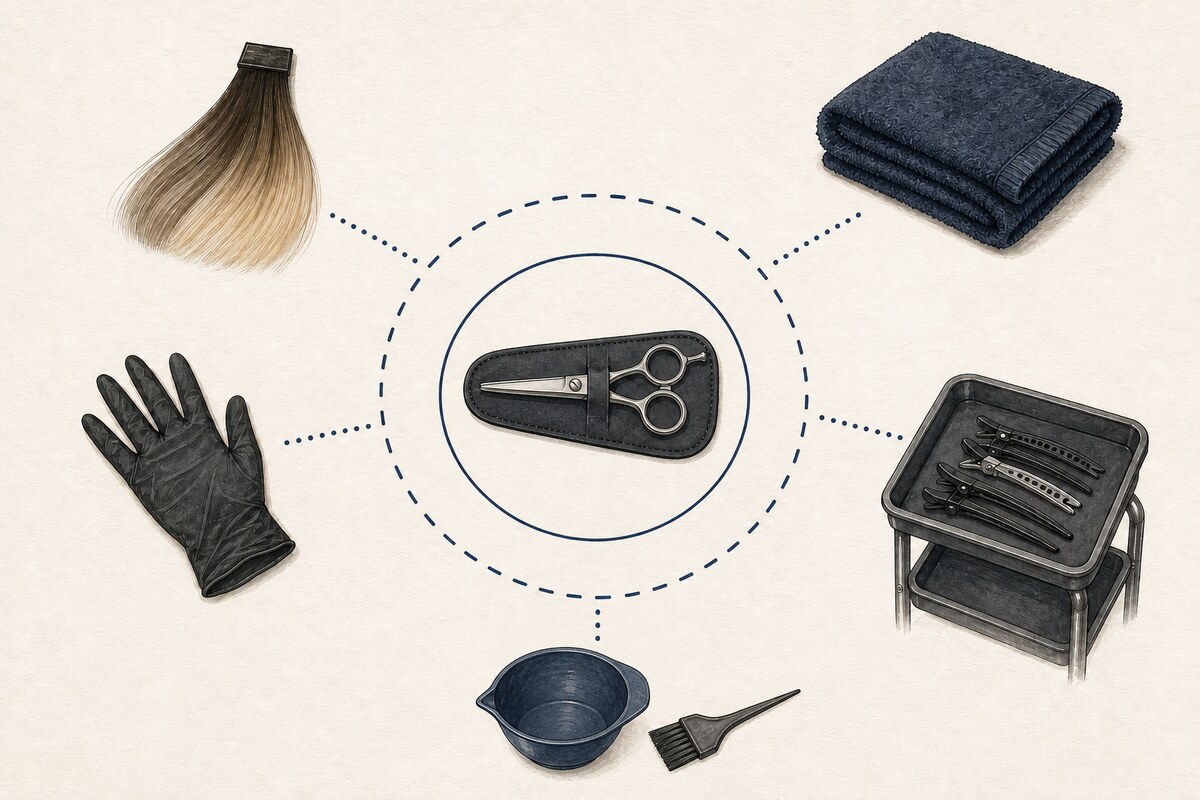Hand-drawn barrier map with a closed hair shear protected at the centre while a hair swatch, towel, glove, trolley, and tint bowl remain outside.