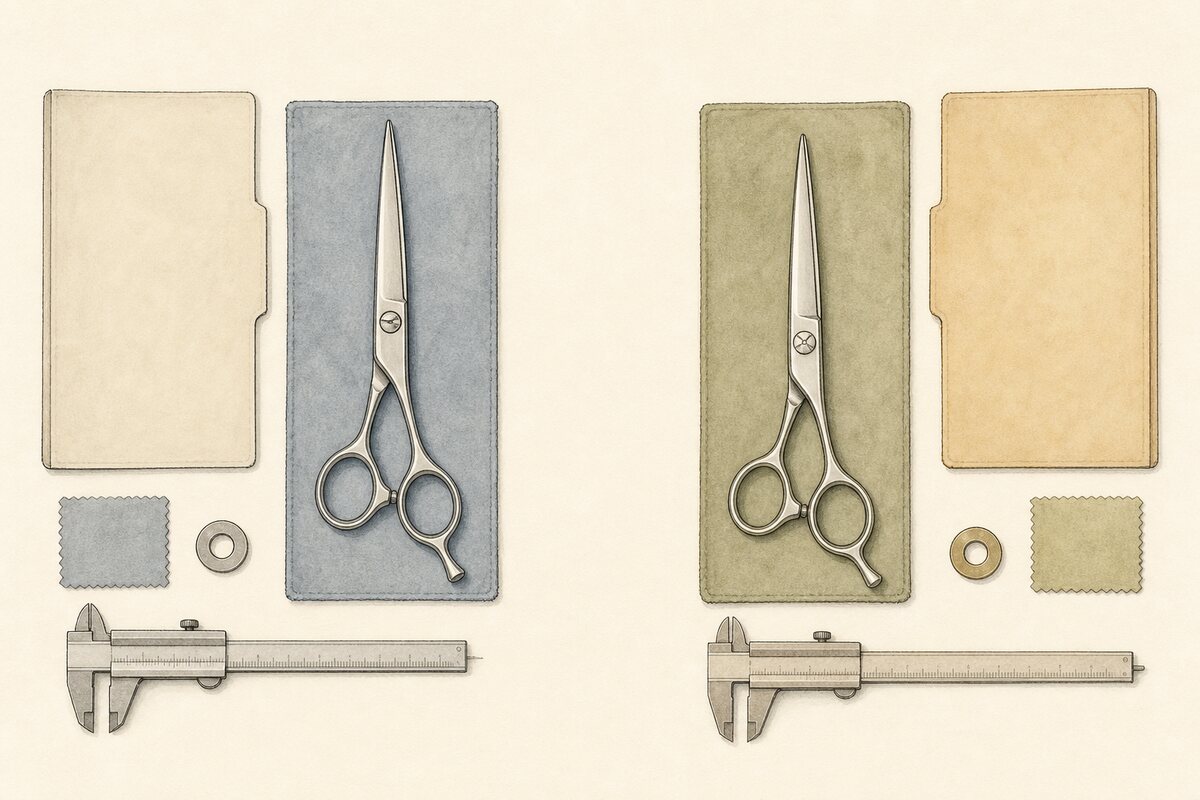 Hand-drawn evidence plate with two similar closed salon shears at matching scale in separate bays, each with its own folder, finish coupon, pivot washer, and caliper.