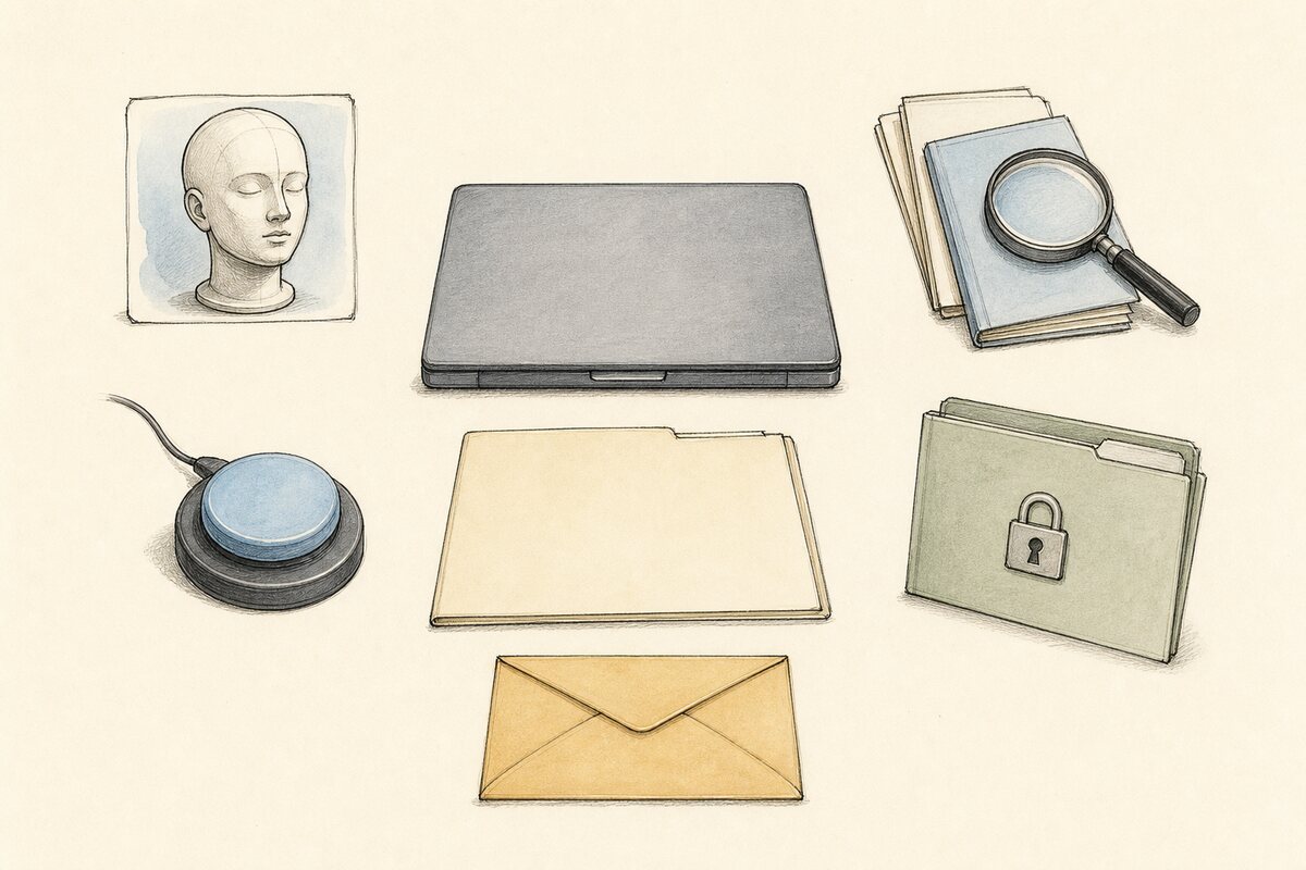 Hand-drawn course-evaluation workspace with a closed laptop, blank course folder, mannequin practice record, source folio and loupe, alternative input device, protected folder, and sealed envelope.