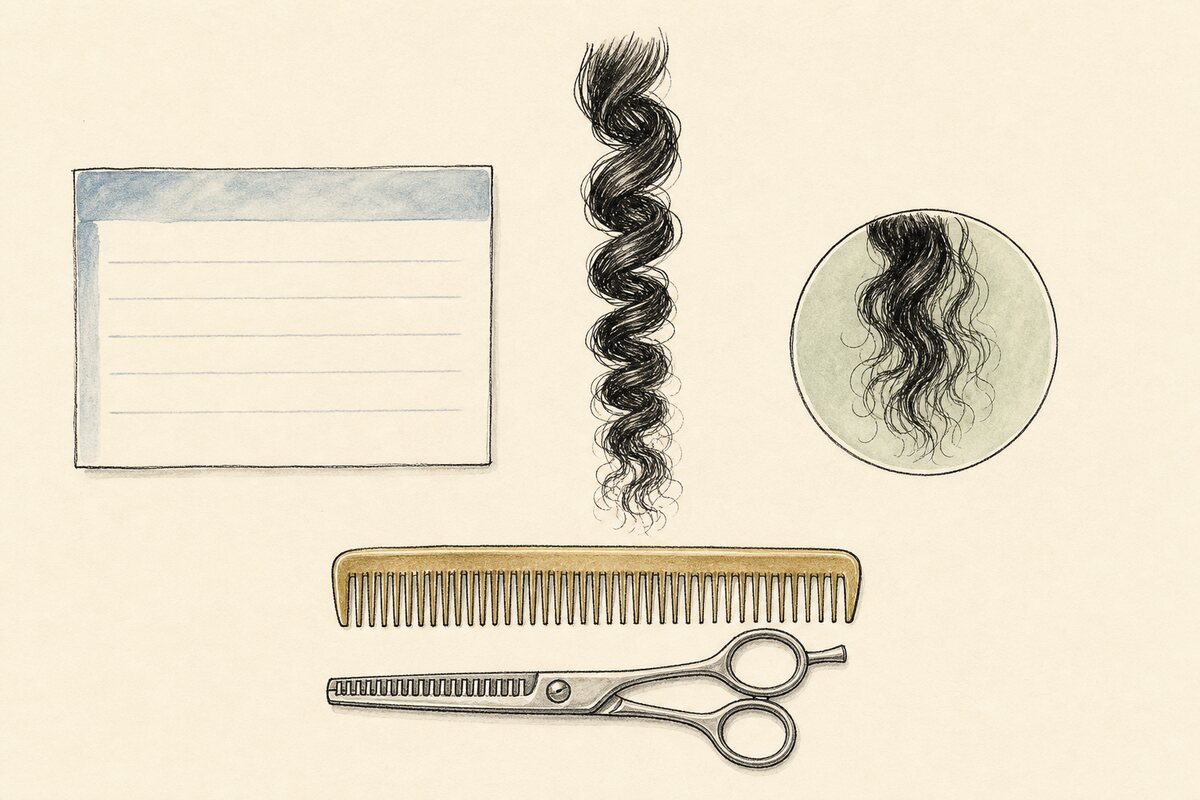 Hand-drawn observation workspace with one unchanged curl-section swatch, a blank record card, close view of the same released ends, comb, and fully closed texturizing shear.