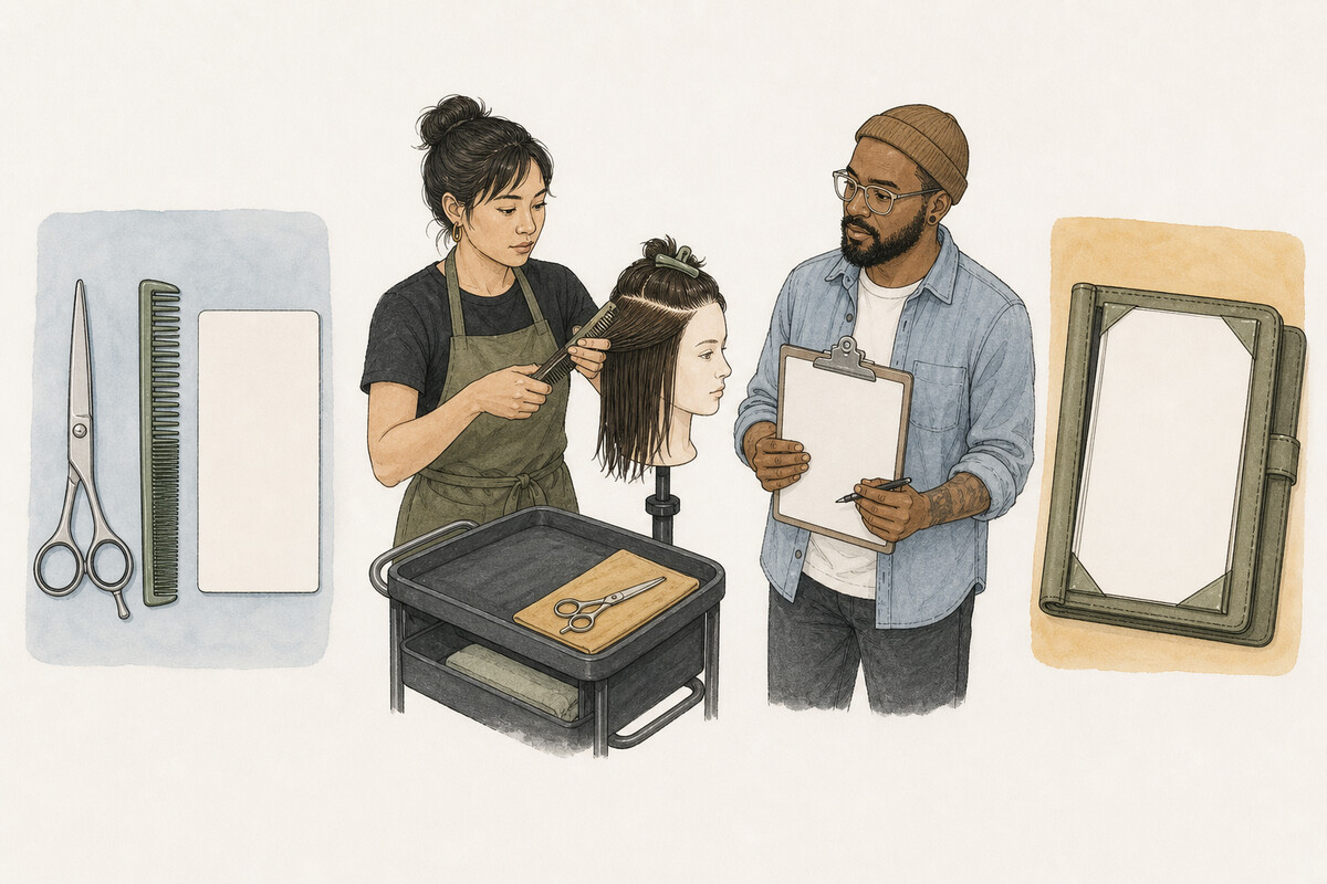 Hand-drawn editorial curriculum plate separating source context, mannequin sectioning practice, educator observation with a blank checklist, and a blank evidence portfolio.