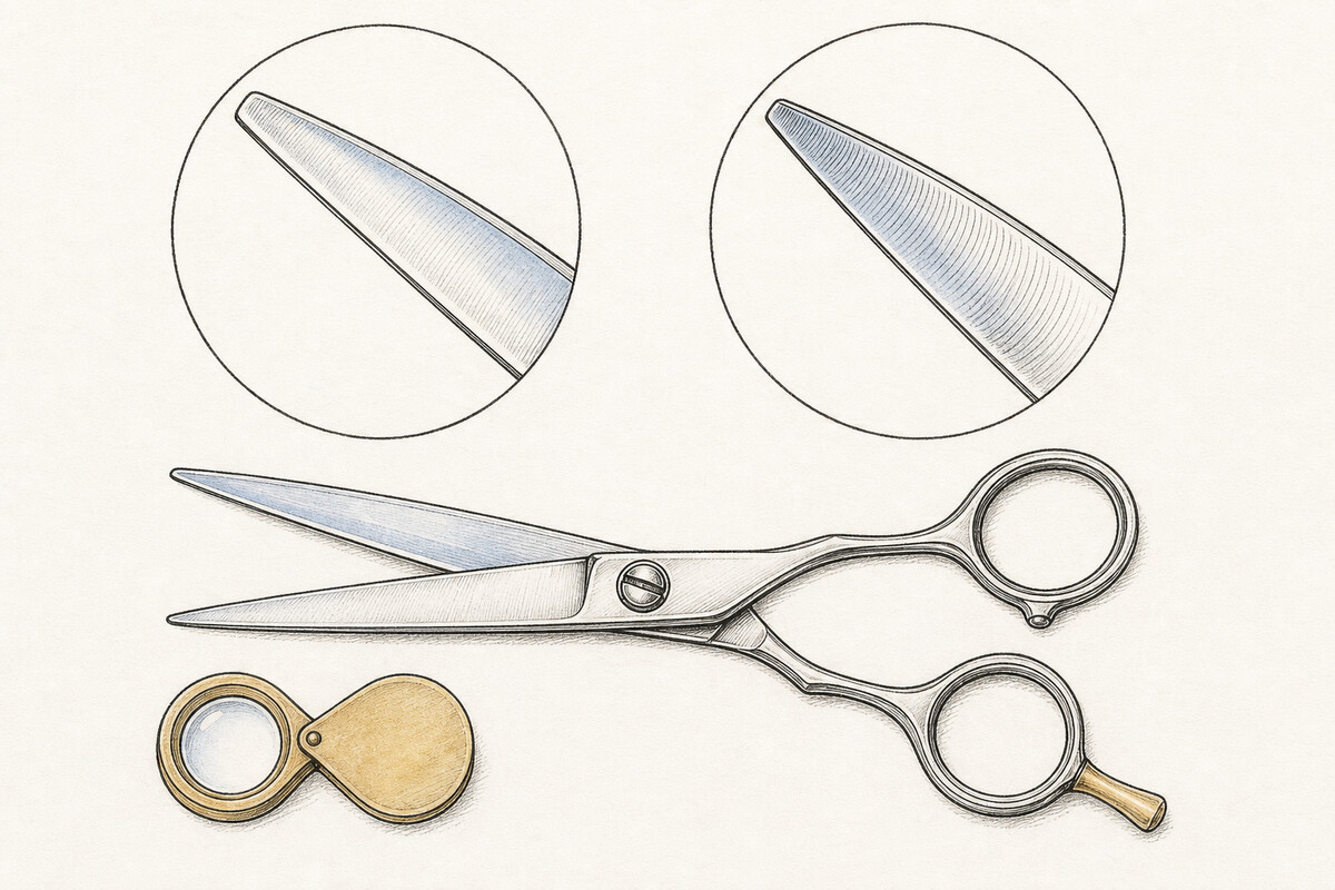 Hand-drawn editorial inspection plate with one generic open cutting shear, a hand loupe, and two ink close-ups showing different visible contour-following surface bands.