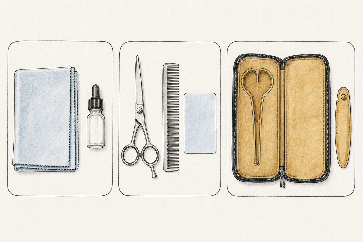 Hand-drawn editorial care-context plate with separate panels for a cloth and unlabelled bottle, a closed shear with comb and blank card, and an empty padded case.