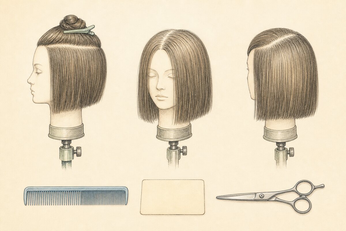 Hand-drawn matched views of the same dry-hair mannequin section supported for observation, fully released, and seen from an alternate parting, with a comb, blank card, and closed shear below.