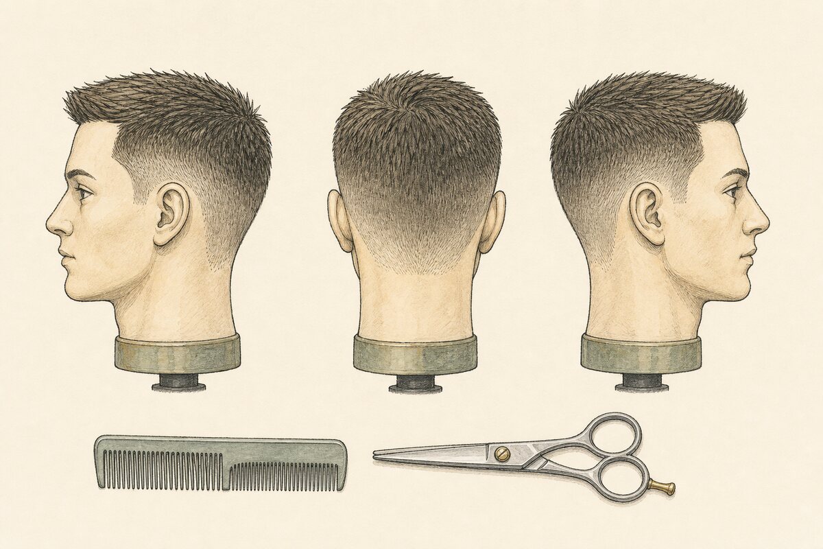 Hand-drawn editorial plate showing the same unchanged short-hair mannequin transition from left profile, rear, and right profile views, with closed tools parked below.