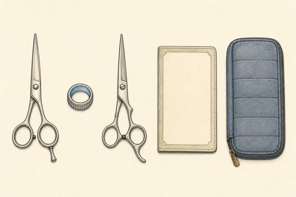Hand-drawn fitting-route comparison with two complete closed shears, a separate removable ring insert, a blank specification folio, and a sealed padded service case.