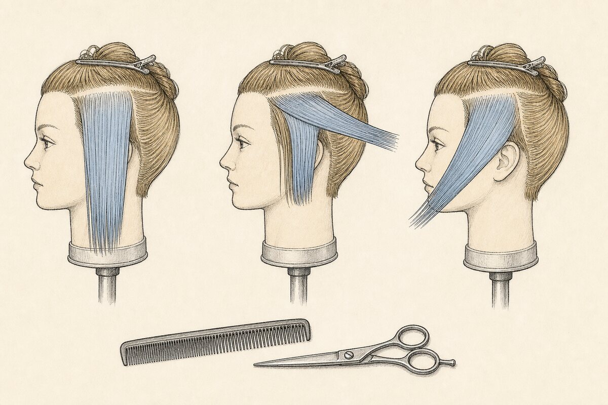 Hand-drawn editorial observation plate showing the same mannequin side section resting, lifted, and redirected, with a closed shear and comb parked below.