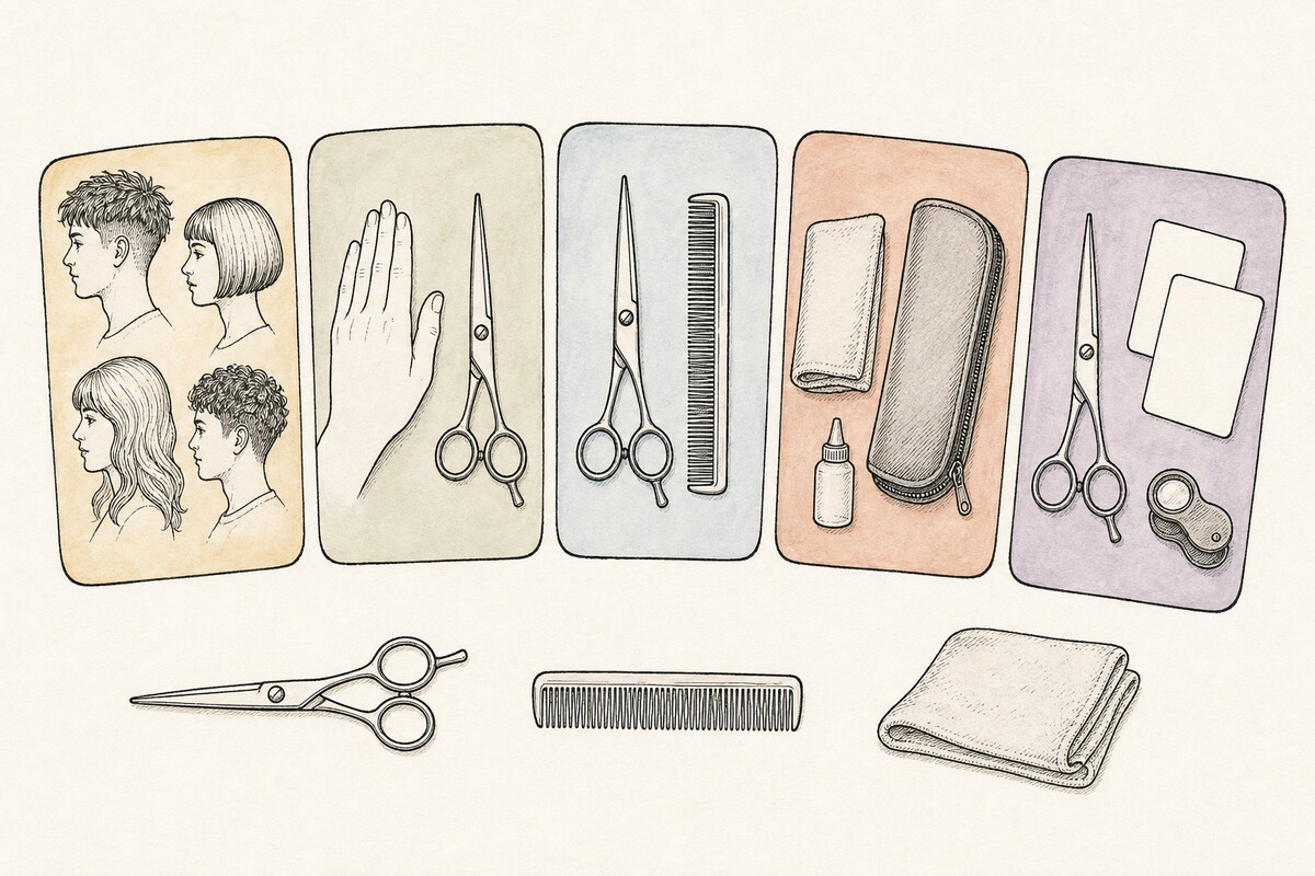 Hand-drawn editorial orientation plate with five colored pathway cards for hair, fit, tools, care, and evidence, above a closed shear, comb, and folded cloth.