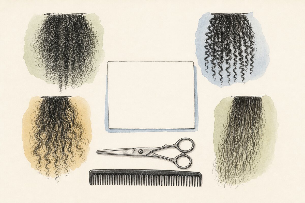 Hand-drawn consultation plate with four separate anonymous hair-section swatches showing different grouping, bend, coil, density, and preparation characteristics around a blank record card and closed tools.