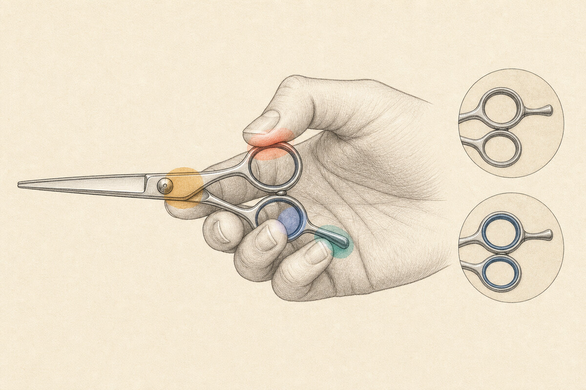 Generated editorial illustration: an adult hand supports one closed unbranded cutting shear while restrained color washes mark ring, thumb, rest, and pivot contact areas beside two handle-ring insets.
