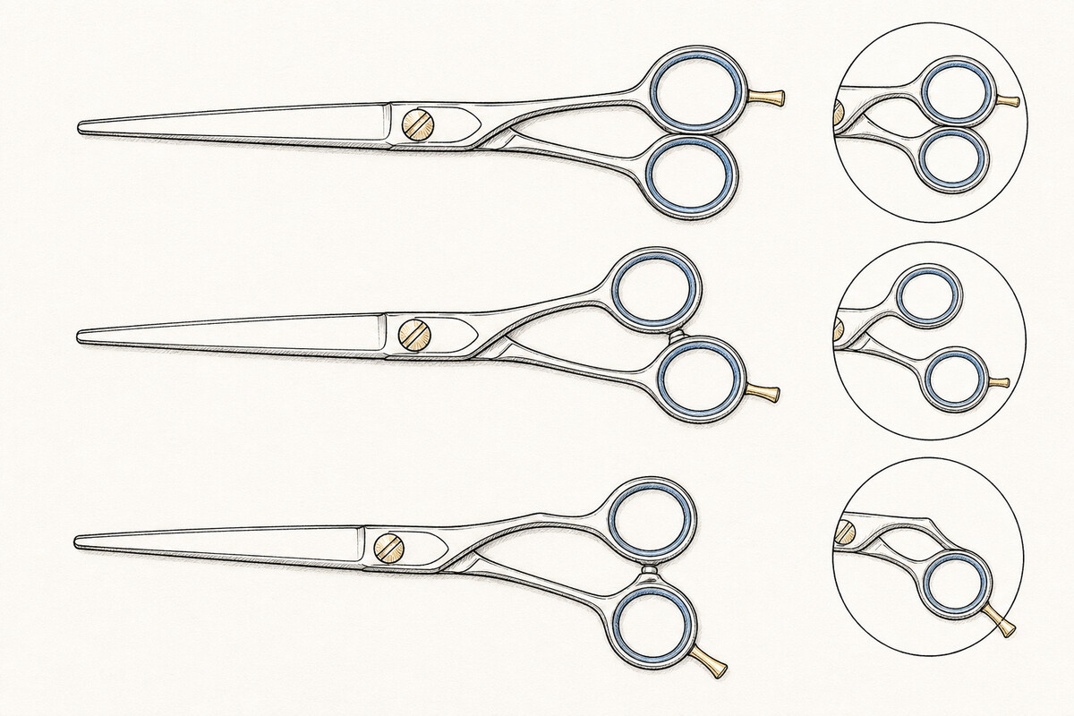Hand-drawn editorial plate of three unbranded closed cutting shears at equal scale, with ink close-ups showing broad even, offset, and dropped handle relationships.