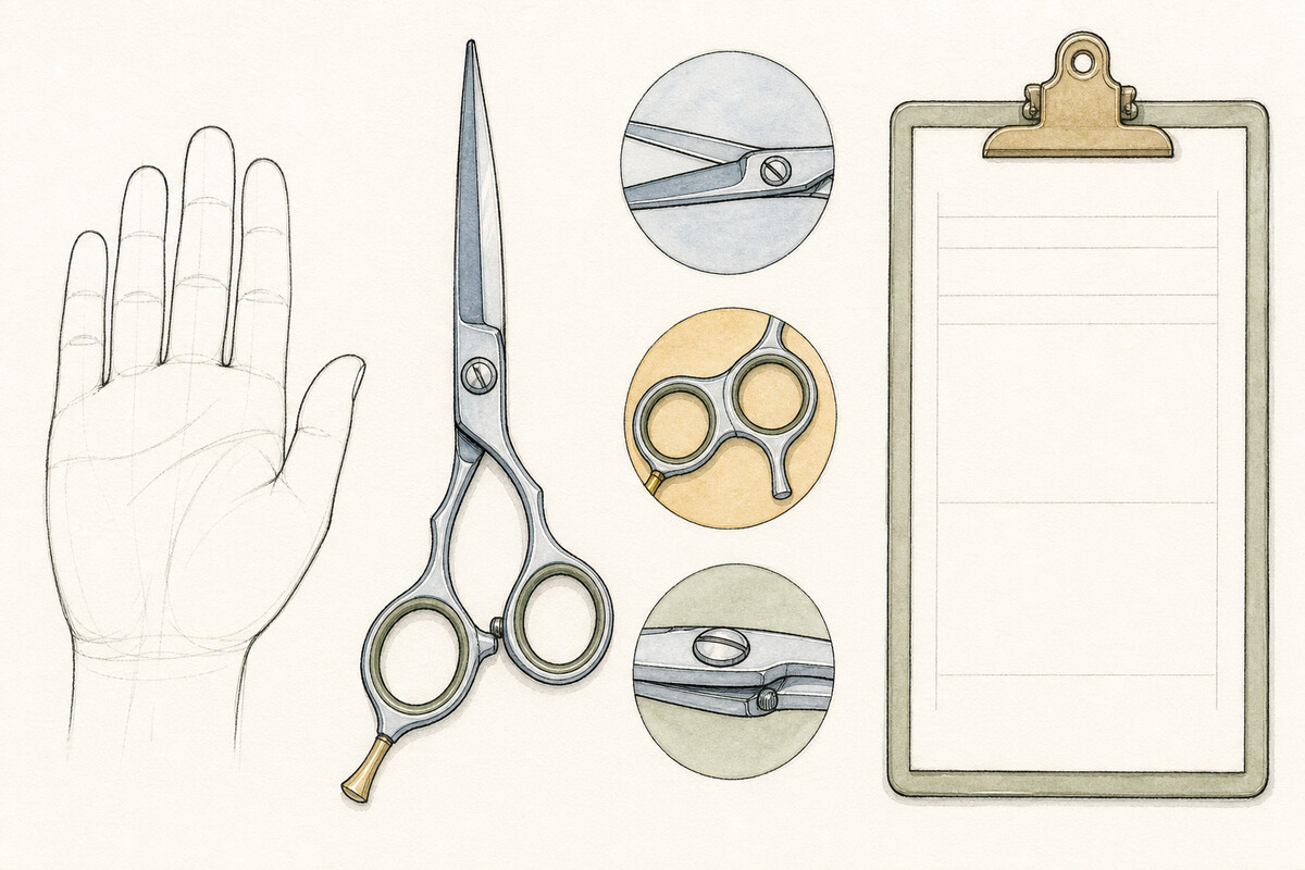 Hand-drawn observation plate with one complete left-oriented generic shear, a neutral left-hand outline, a blank exact-model record, and separate blade, ring, and pivot insets.