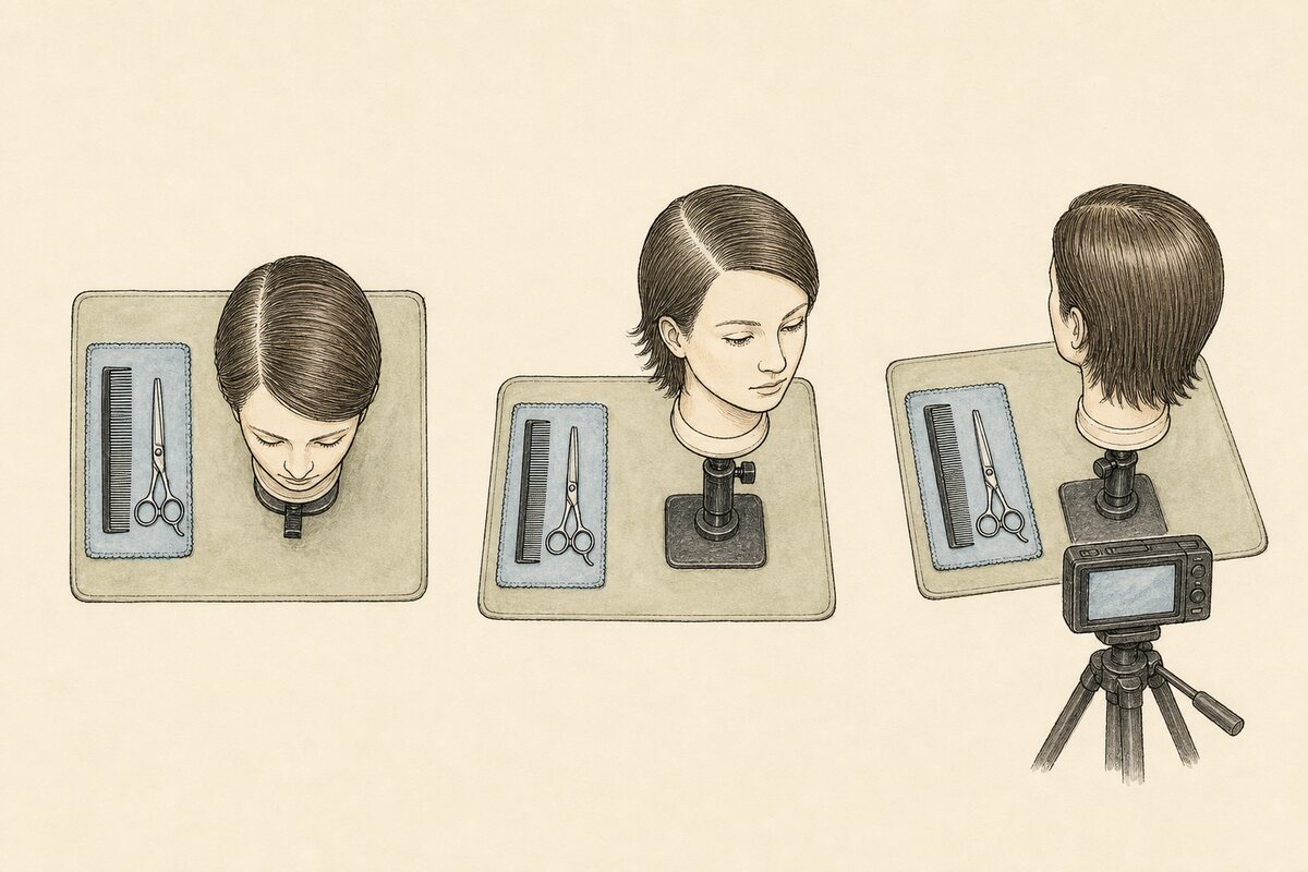 Hand-drawn learner, educator, and camera viewpoints of the same mannequin station, with a comb and fully closed shear consistently parked on the left-side tool mat.