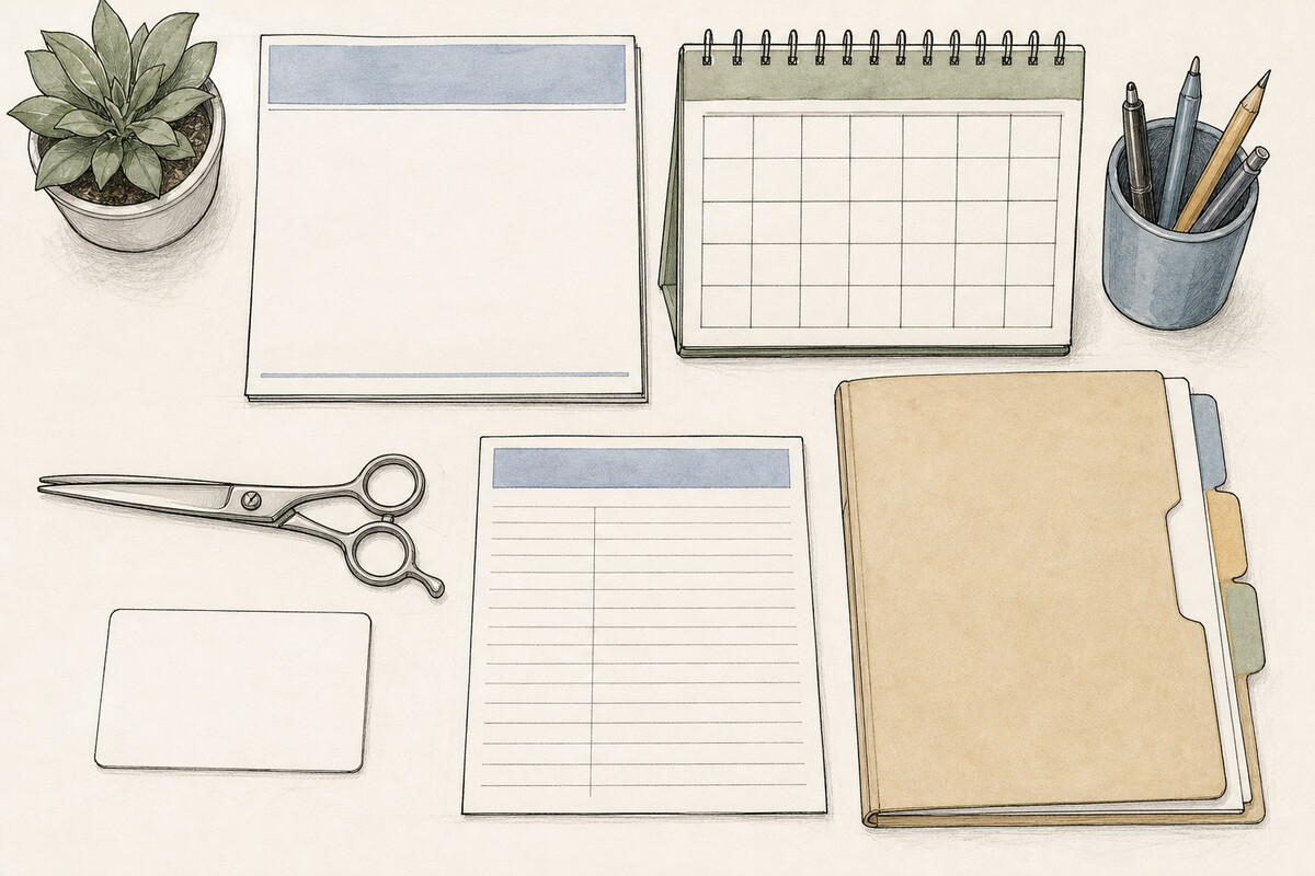 Hand-drawn top-down records workspace with a closed generic shear, blank credential and source cards, a number-free calendar, a blank course record, and a tabbed folder.