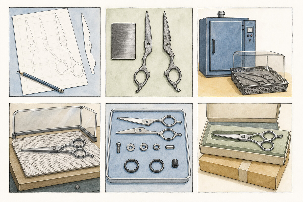 Six-panel hand-drawn manufacturing-context plate showing design records, material and rough matched halves, enclosed treatment context, guarded finishing, assembly components, and protected inspection and packing.
