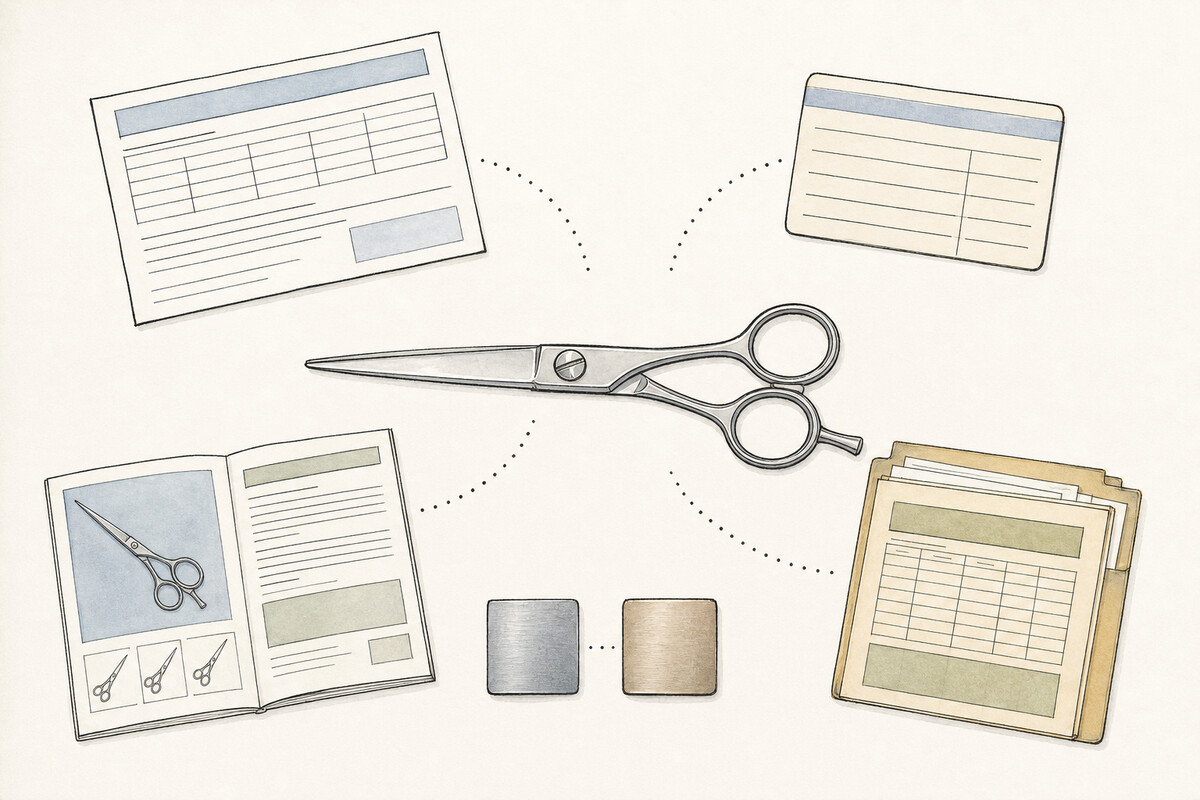 Hand-drawn editorial evidence plate with one closed generic shear linked to separate blank maker, model, catalog, material-record, and service-history objects.